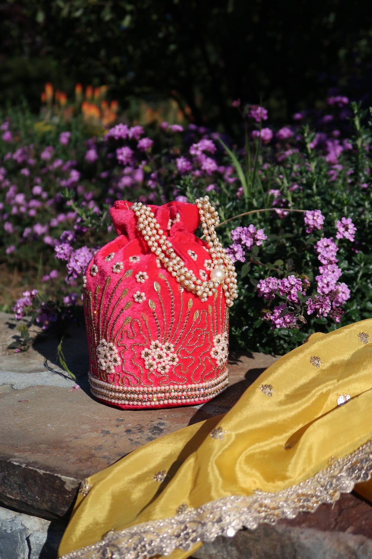 Hot Pink Velvet Pearl Potli Bag