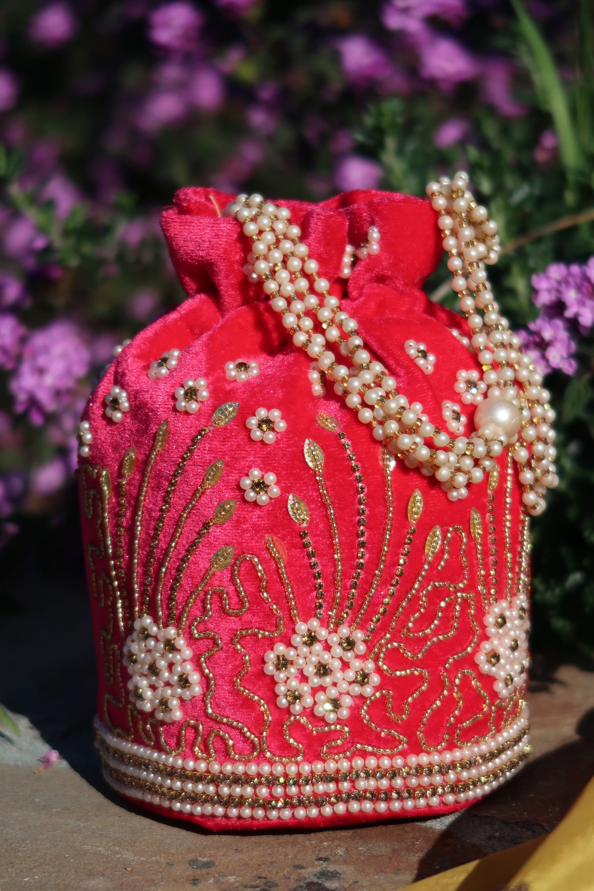 Hot Pink Velvet Pearl Potli Bag
