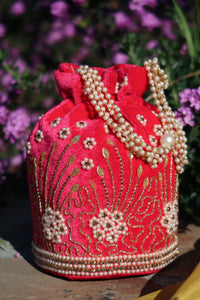 Hot Pink Velvet Pearl Potli Bag