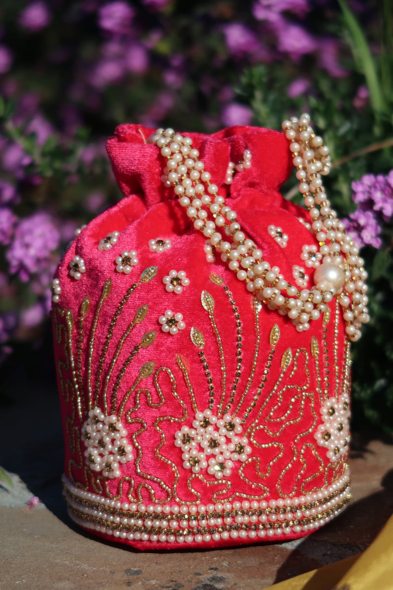 Hot Pink Velvet Pearl Potli Bag