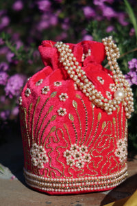 Hot Pink Velvet Pearl Potli Bag