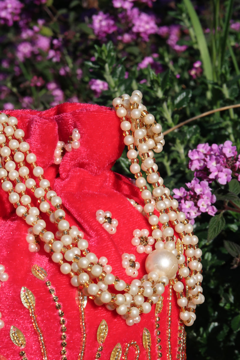 Hot Pink Velvet Pearl Potli Bag